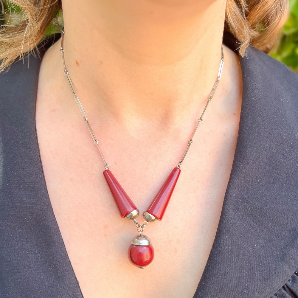 Jakob Bengel 1930s Chrome and Red Galalith Vintage Pendant Necklace